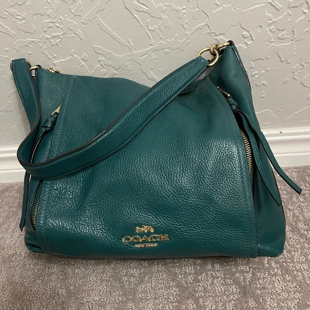 Coach Teal Pebbled Leather Shoulder Bag with Gold Hardware - Picture 1 of 6